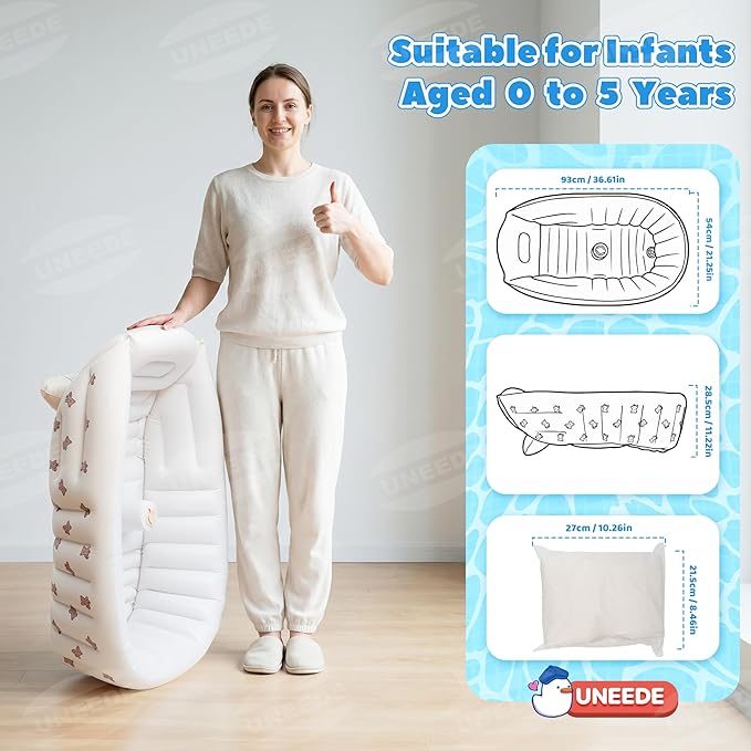 UNEEDE Inflatable Bathtub for Toddlers, Portable Baby Tub with Built-in Air Pump, Anti-Slip Design with Big Drain, Perfect for 0-6 Months Newborn and up, Ideal for Home Travel & Beach