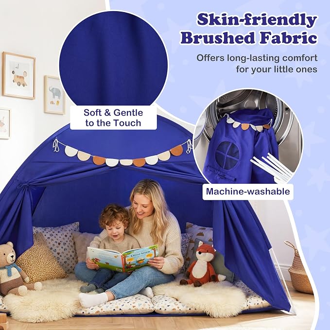Costzon Toddler Bed Tent, Twin Size Indoor Canopy Tent for Kids w/ 2 Windows, Flag Banner, Brushed Fabric Privacy Playhouse, Portable Play Tent for Bunk Bed, Playroom, Suits 3+ Boys & Girls (Navy)