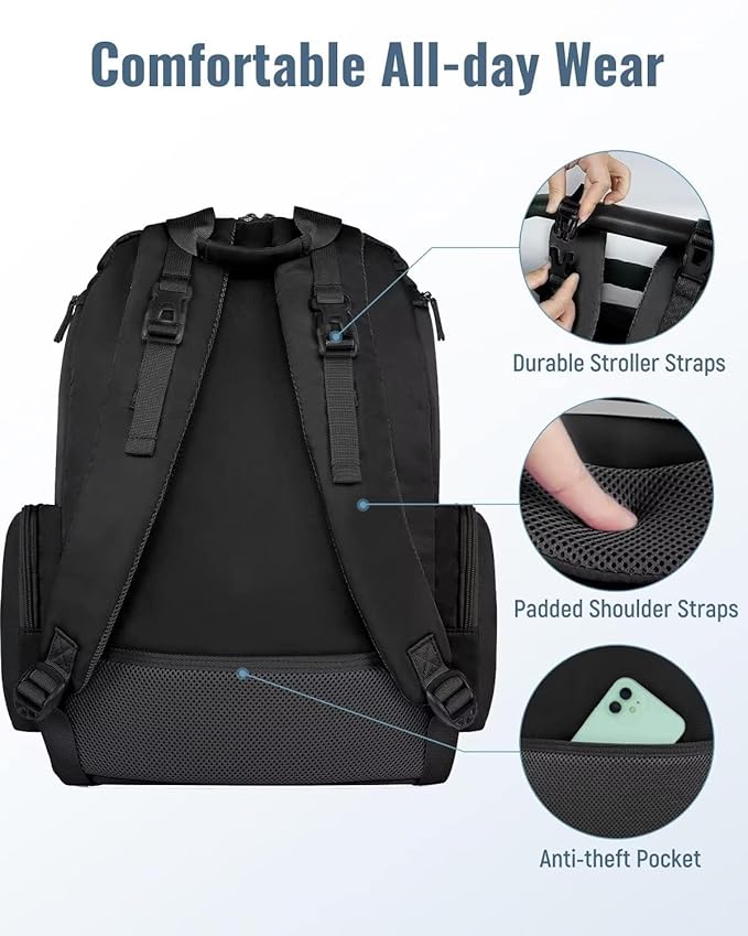 Mancro Diaper Bag Backpack, Multifunctional Dad Diaper Bag with 2 Side Insulated Pockets, Travel Water Resistant Baby Diaper Backpack for Men Women with Stroller Straps, Black