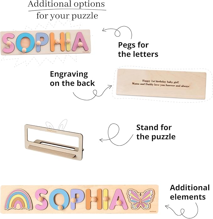 Rainbow Personalized Wooden Name Puzzle with Pegs – Montessori Learning Toy, Custom Toddler Gift, Educational Baby Shower & Birthday Present, Nursery Room Decor by BusyPuzzle