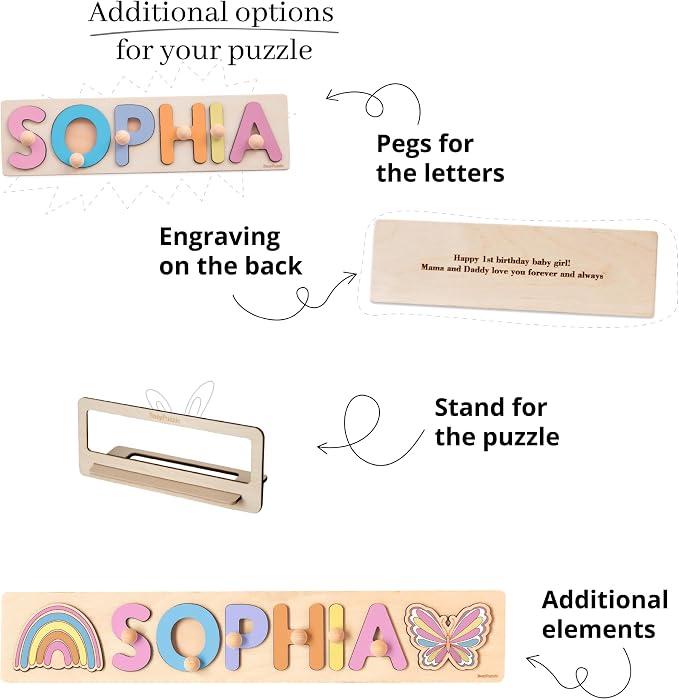 Personalized Wooden Name Puzzle with Pegs – Montessori Toy for Toddlers, Custom Baby Gift for 1st Birthday, Christmas and Easter Present