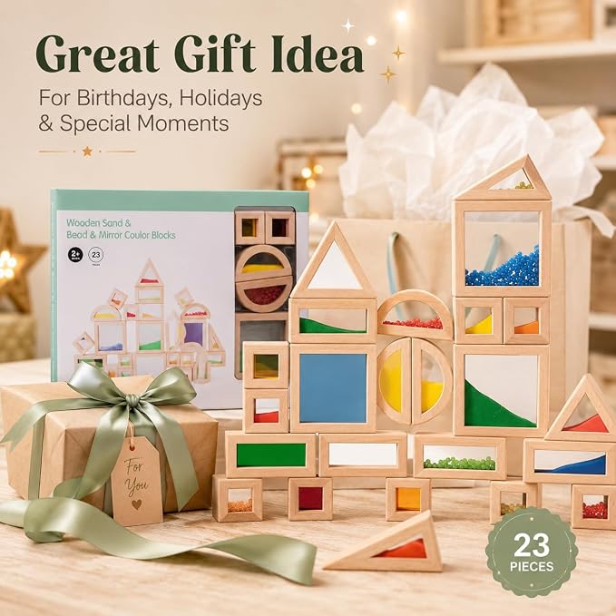 23 PCS Rainbow Sensory Wooden Building Blocks for Toddlers, Colorful Geometric Stacking Toys with Beads, Sand & Mirror Blocks, Montessori STEM Learning Toy Gift for Kids