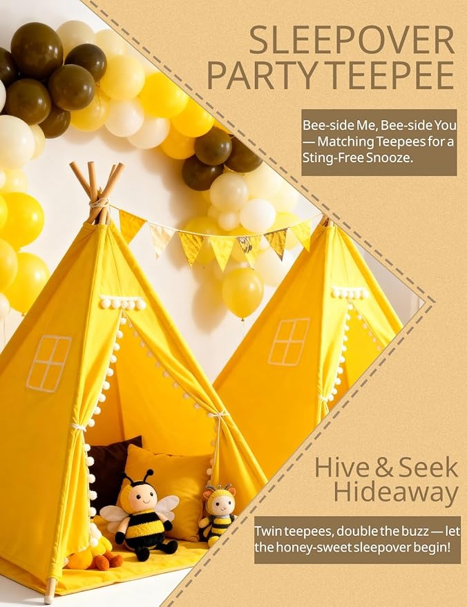 2 Pack Teepee Tent for Kids, Children Play Tents for Girls & Boys Slumber Party, Cotton Linen Playhouse Sleepover Tent with Pompom & Lights