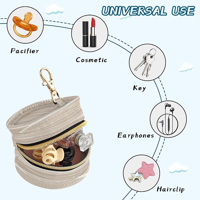 Pacifier Holder with Clip Pacifier Case for Diaper Bag Round Baby Pacifier Pouch Box Bag Portable Light Brown Boho Wave
