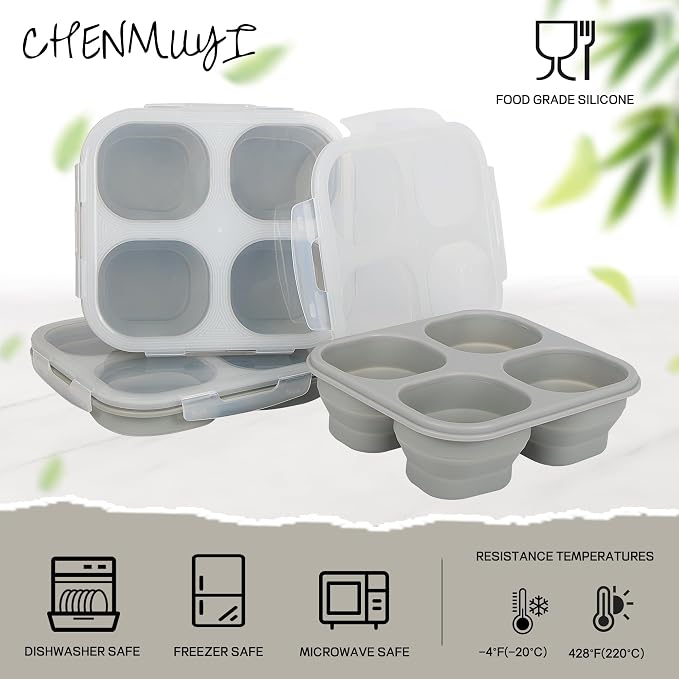 Collapsible Silicone Food Storage Container, 4-Compartment Snack Containers Portion Control with Clip-on Lid, Stackable, Space Saving, Microwave/Fridge/Freezer/Dishwasher Safe (3)