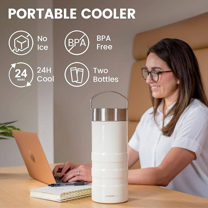 22oz Full-Day Cold-Chain Breastmilk Cooler, Double-Wall Vacuum Stainless Steel with 360° Cooling, Keeps Milk ??0°F for 24 Hours, Leak-Proof BPA-Free, Easy to Clean, Includes 2 Bottles