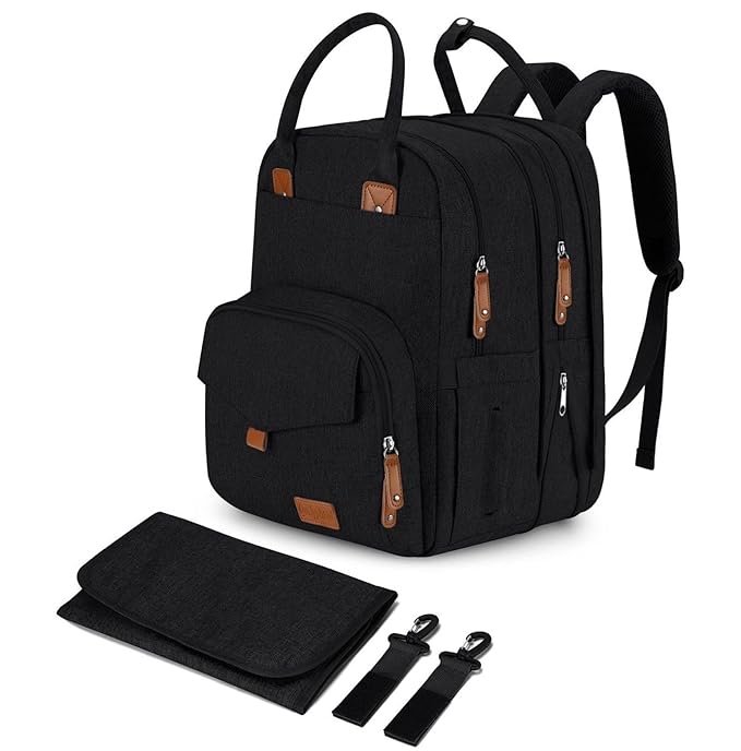 Qualyphant Extra Large Diaper Bag Backpack for Two Kids Twins - Expandable Baby Bag (26-36L), Dual Big Compartments - Includes Changing Pad & Stroller Straps, Unisex Black