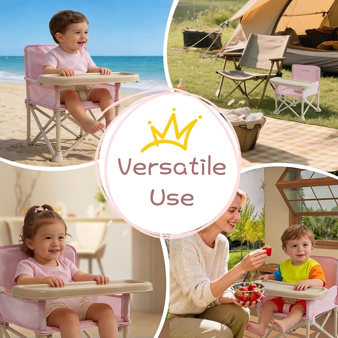 Portable Baby Chair,Portable 3-in-1 Baby Booster Seat with Tray,Folding Toddler High Chair for Travel,Camping, Home & Dining, Easy to Clean & Store, Safe with Child Safety Belt Carry Bag(Pink)