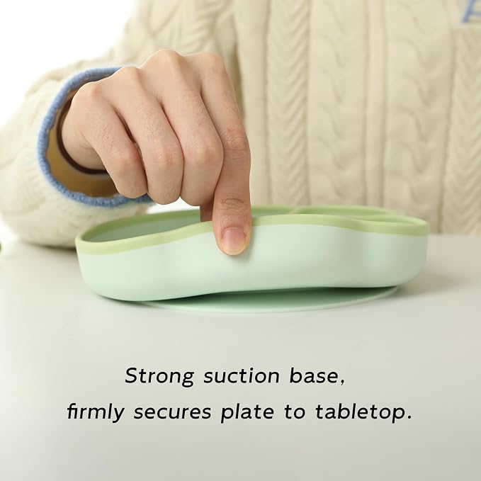 dwoo Baby Silicone Suction Plates for Toddler, Divided Self-Feeding Plate Set with 316 Stainless Steel Spoon & Fork, Dust Cover & Straw, Baby Led Weaning Supplies (Lion Design)