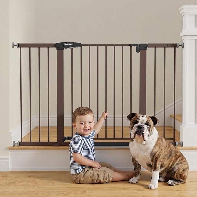 Mumeasy Baby Gate Extra Wide, 29.7-51'' Pressure Mounted Dog Gate with Walk Thru Door, Auto Close Pet Gate for House, Stairs, Doorways,Brown