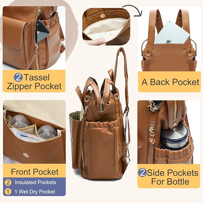 miss fong Diaper Bag Backpack Baby Diaper Bag for Girls and Boys, Leather Purse with 13 Pockets Diaper Bag Organizer,Changing Pad,Stroller Straps,4 Insulated Pockets