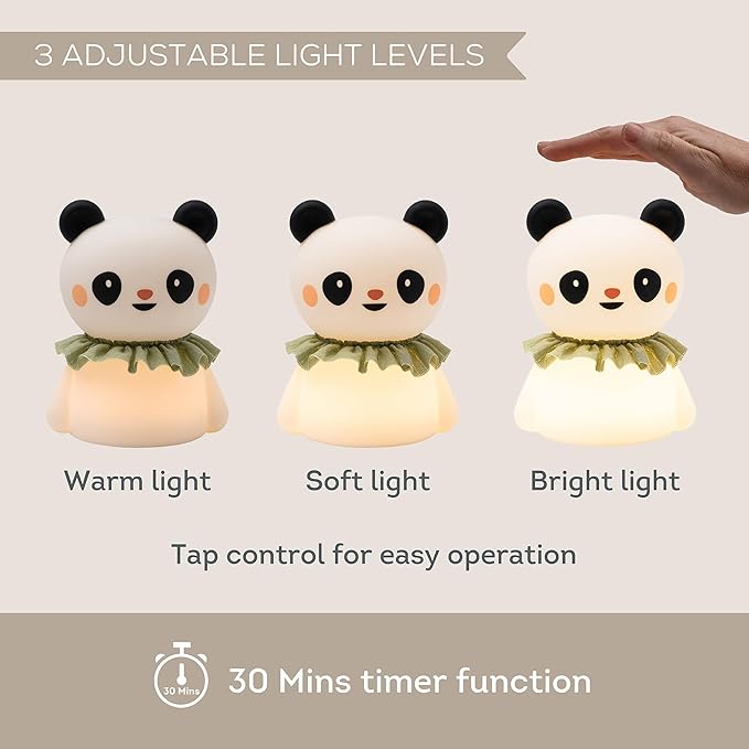 Taf Toys Silicone Kids Night Light Adjustable Brightness Levels & 30-Min Timer Tap Control 3-Level Dimmable Baby Night Lights for Nursery USB Rechargeable Nursing Lamp Bedroom Décor (Little Panda)