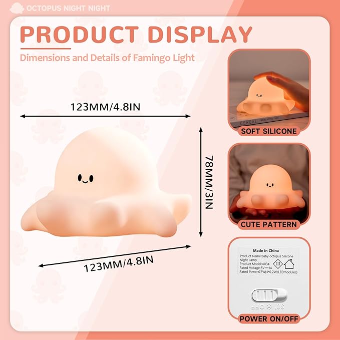 Octopus Night Light for Kids, Adjustable and Timed Silicone Night Lamp, Octopus Lamp Room Decor for Nursery Suitable for Boys and Girls