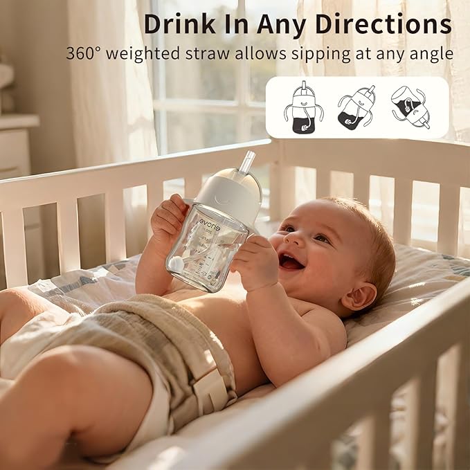 Evorie Tritan Weighted Straw Sippy Cup with Handles for Baby and Toddlers, Spill Proof Baby Water Bottle with Straw for 6 months and up, 7 Oz, Infant Training Water Bottle (Cream Beige)