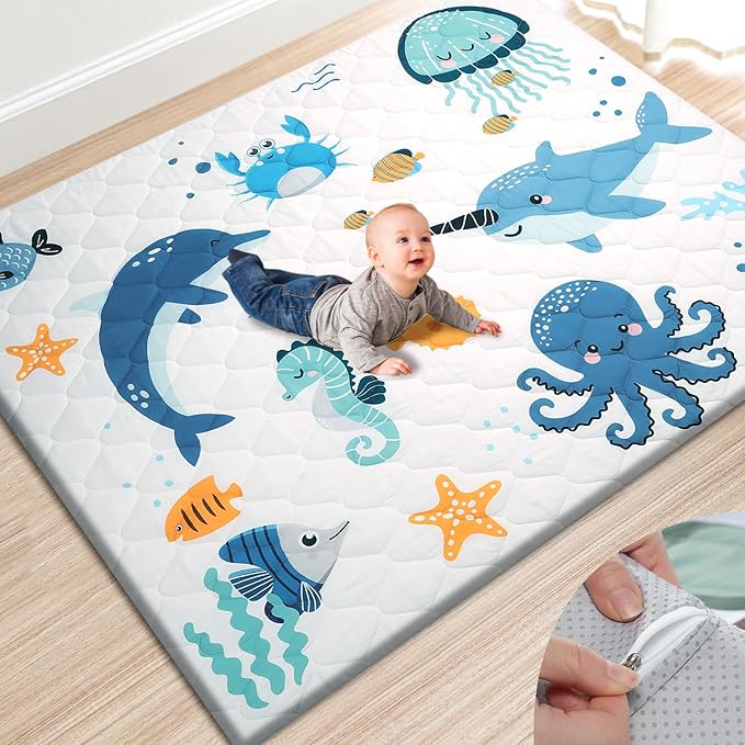 TINYHARBO Premium Foam Baby Play Mat 71x59 ??Removable & Machine Washable Cover, Extra Thick Padding Playpen Mat, Non-Slip Crawling Mat, Easy to Clean for Infants, Toddlers & Babies