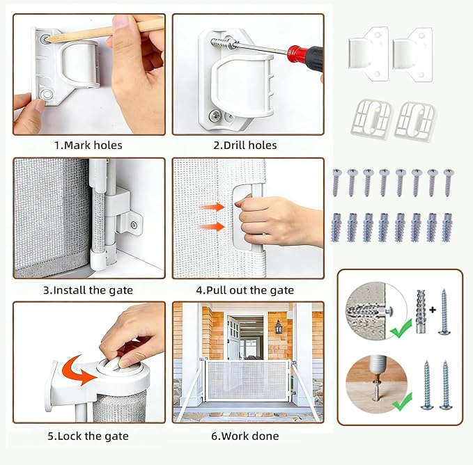 Reinforced Retractable Baby Gate, 118 in Extra Wide x 33 in Tall Mesh Dog Gate with Fiberglass Reinforcement Rods, Hardware Mounted Safety Gate for Doorways, Hallways, Indoor Outdoor, White