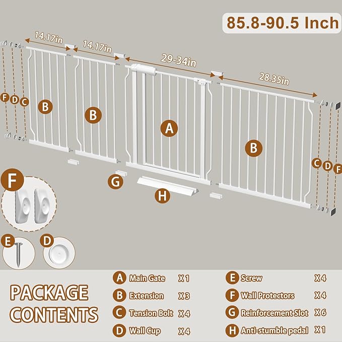 Baby Gate for Doorways Stairs Hallway 85.8-90.5 Inch Wide, Walk Through Child Gates with Pressure Mounted Extention Kit, Indoor Safety Child Gates for Kids or Pets