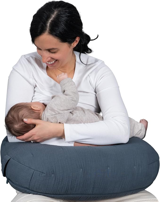 Boppy Nursing Pillow Luxe - Ergonomic Bottle & Breastfeeding Pillow with High Lift & Firm Support - Water-Resistant with Washable Cotton Muslin Cover - Baby Safety Alliance Verified - Slate Blue