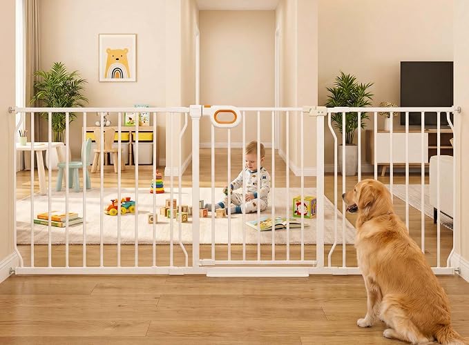 Baby Gates Extra Wide for Doorways 71.6-76.4 Inch Extra Wide Pressure Mounted Baby Dog Gate for the House Indoor Large Openning Metal Safety Gate No Drilling with Walk-Through Door,White