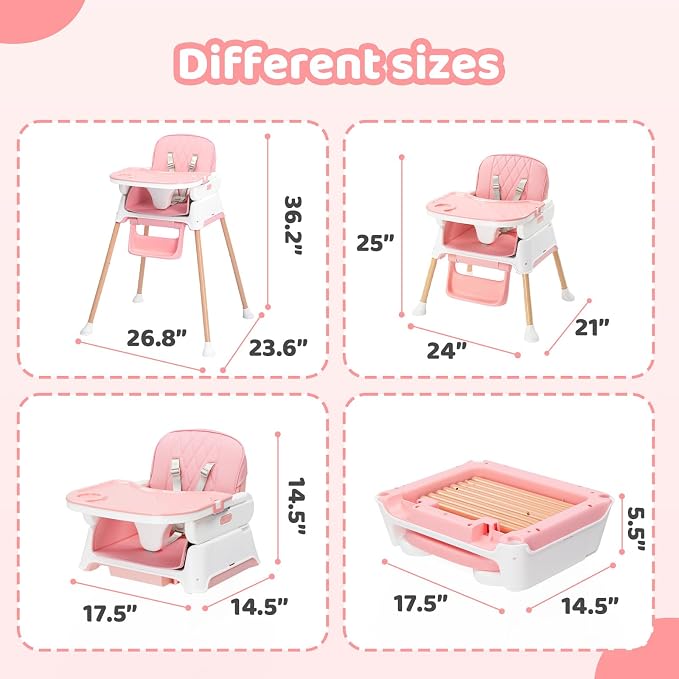 JOYMOR 5 in 1 Baby High Chair for Babies and Toddlers, Portable Highchair Fold Compact, ConvertibleBaby Feeding Chair Booster for Eating with Detachable Double Tray, 5 Point Harness (Pink)