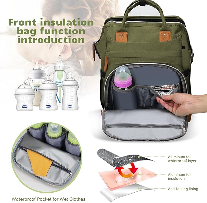 Diaper Bag Backpack for New Parents, Large Capacity Baby Travel Bag with Bottle Holders, Multiple Compartments (Green)