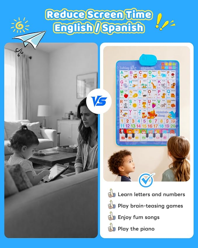 Spanish Alphabet Talking Wall Chart for Toddlers 1-6, Bilingual Learning Poster with English Translation, ABC 123 Learning Poster, Interactive Musical Toy, Educational Gift for Kids 3+ & Autism