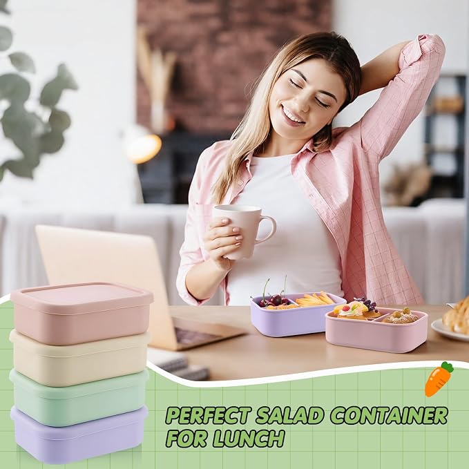 Layhit 4 Pcs Silicone Bento Box for Adults, 27 oz Bento Lunch Container Reusable Food Container for Women Men, Leak Proof Microwave Dishwasher Freezer Safe (3 Compartments,Desaturated Colors)