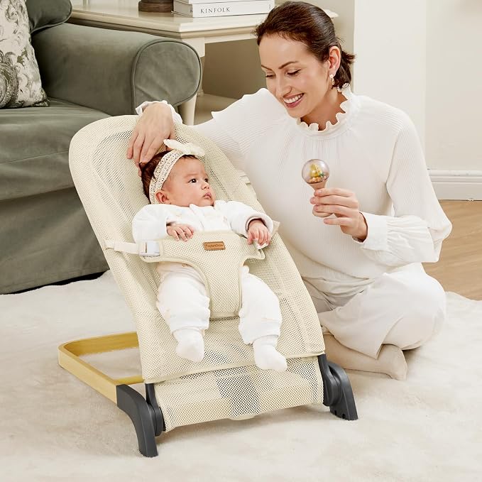 Foldable Baby Bouncer, Baby Bouncer Seat with 3 Adjustable Heights, Portable Newborn Rocker, Ergonomic Bouncer Seat for Natural Bounce, Bouncer for Babies 0-6 Months, Breathable Mesh (Mesh Beige)