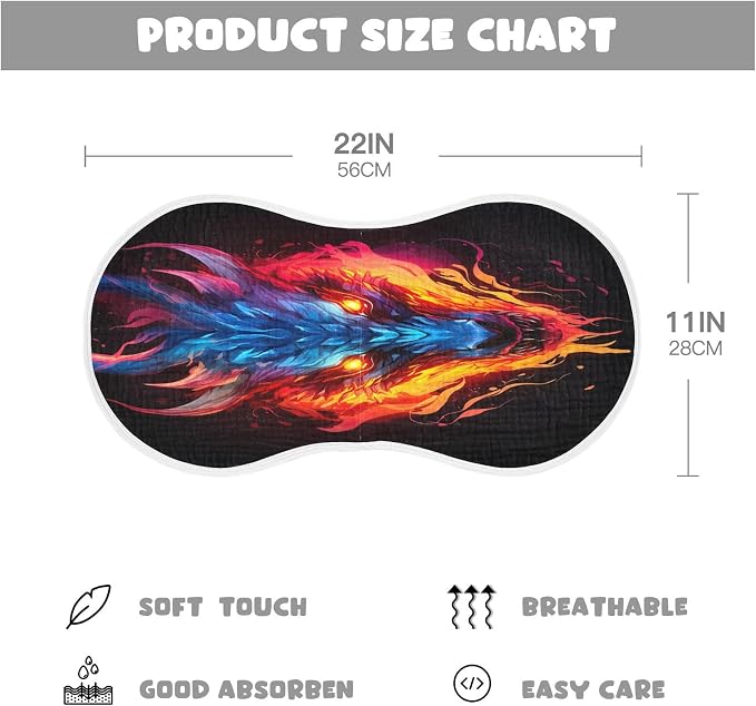 1 Pack Muslin Burp Cloths Dragon Fire Black Print Cotton Baby Burp Cloths Absorbent Soft Burping Cloth Washcloths for Newborn Babies 22x11 Inch