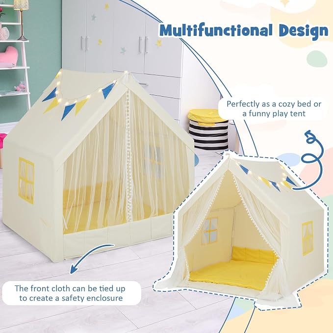 HONEY JOY Kids Tent, Large Kids Play Tent w/Washable Padded Mat, Star Lights, Flags, Windows & Storage Pocket, Indoor Outdoor Toddler Playhouse, 48” x 42” x 50”, Tent for Kids Boys Girls