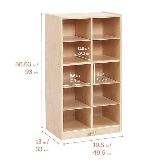 ECR4Kids 10 Cubby Mobile Tray Cabinet and 10 Scoop Front Bins, 5x2, Kids Furniture, Earthtone