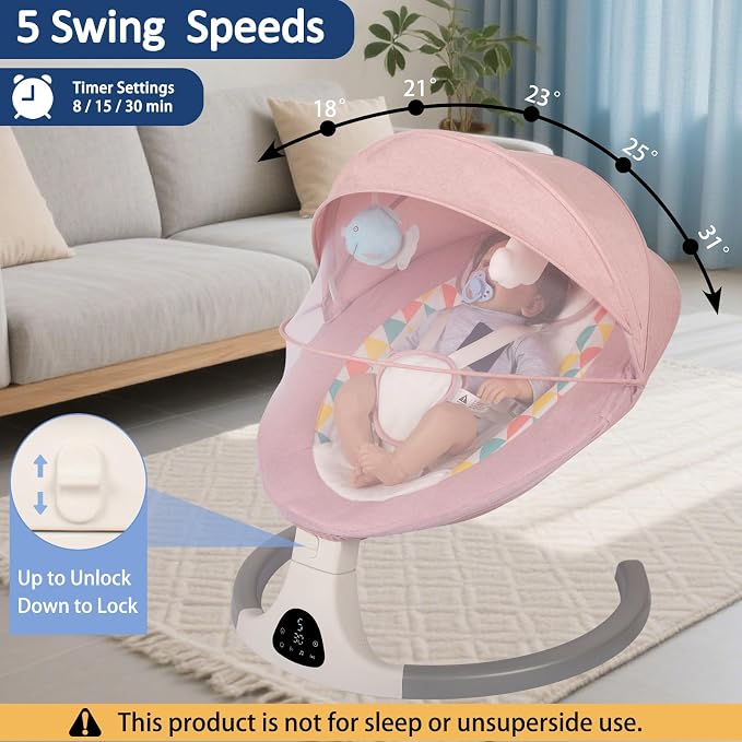 JFOVMCYG Electric Baby Swing for Infants 0-9 Months, Portable Infant Swing with 5 Speeds, Bluetooth Audio, Remote Control, USB Power Cable & Adapter Included, Pink, Up to 20 lbs