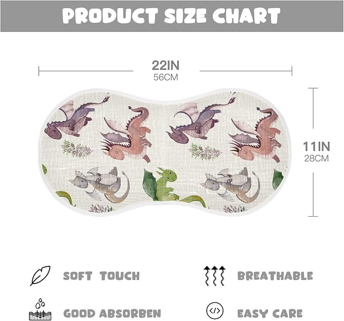 Cute Dragons Pattern Muslin Baby Burp Cloths - Super Absorbent and Soft Burping Rags - Cotton Burp Clothes Set for Boys and Girls, 4 Pack