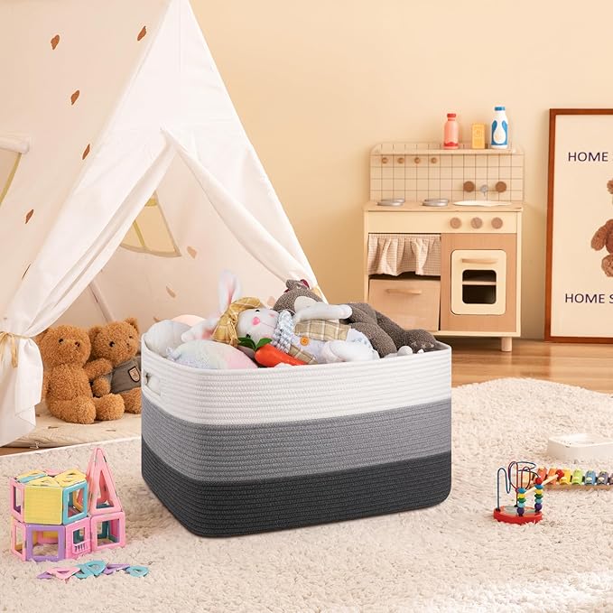 OIAHOMY Large Blanket Basket For Living Room, Rectangle Woven Baskets for Storage, Nursery Toy Storage With Handle-22?�x17?�x12??Gradient Dark Grey