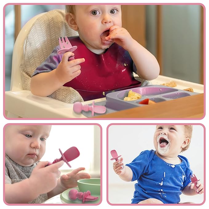 Silikong Silicone Utensils, Baby Fork and Spoon Set, Training Utensils, Baby Led Weaning Stage 1 for Ages 6 Months (Pink)