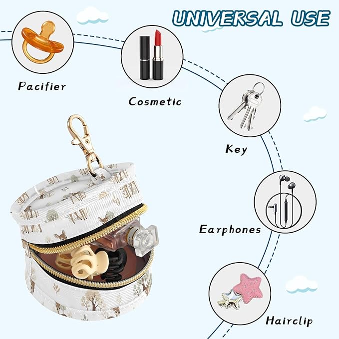 Deer Trees Leaves Forest Baby Pacifier Holder Case with Clip Portable Pacifier Storage Organizer Round Container Pouch Box Fits Diaper Bag Stroller Purse