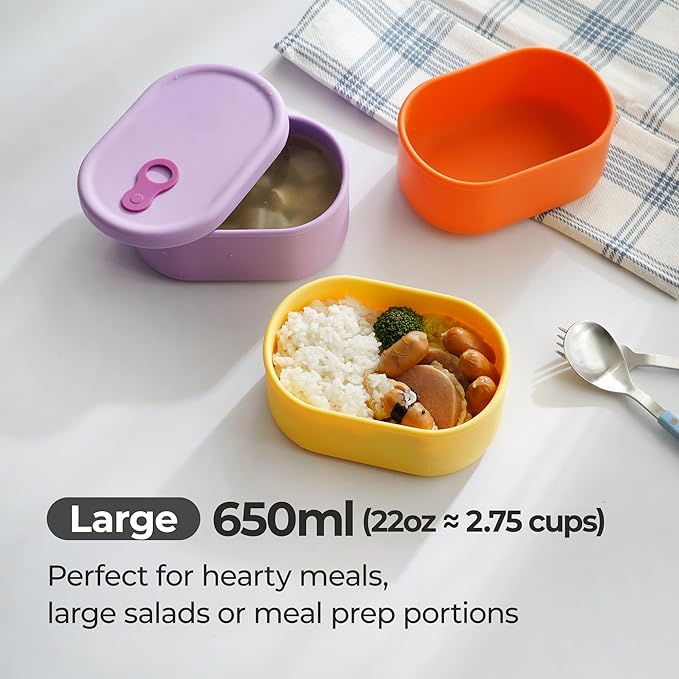 Premium Korean-Made Silicone Airtight Food Container with Steam Vent ??BPA Free, Leakproof, Microwave & Freezer Safe Meal Prep. & Leftovers Storage (4p Multi-Color Set, 22 floz (650ml))