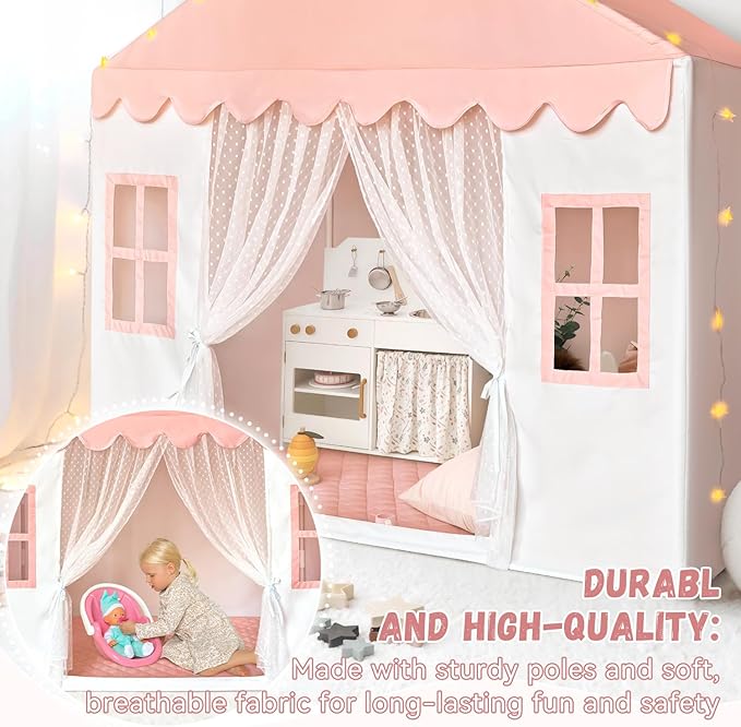 Kids Play Tent with Mat, Princess Castle Playhouse Play Tent for Kids Indoor, Girls Play Tent Play House for Birthday Toy House Gift (Pink)