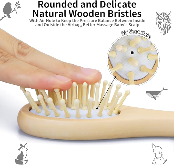 Personalized Baby Hair Brush & Comb Set with Soft Goat Bristles,Custom Laser Engraved Name,Newborn Grooming Kit with Birth Flower Gift Box (March)