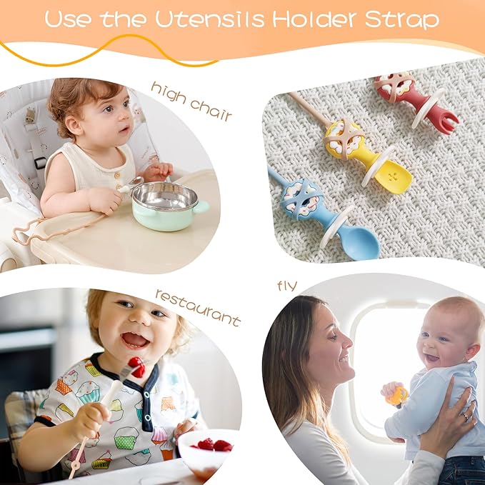 Toddler Utensils，Silicone Stretch Lids for fork and spoon,Holder Strap Food Grade Silicone Keep Fork and Spoon Off The Floor Great for Baby and Kids Dishwasher Safe （Apricot and Orange)