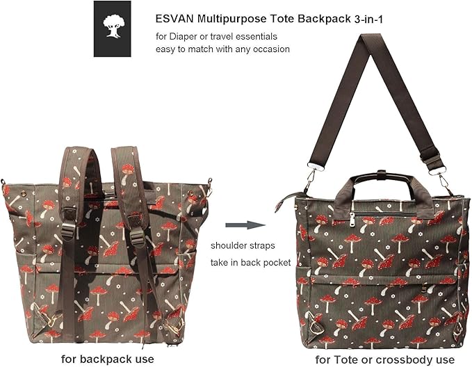 ESVAN Diaper Tote Bag Totepack Backpack Crossbody Bag 3 in 1 for Women Laptop Backpack Multifunctional with Insulated Pockets