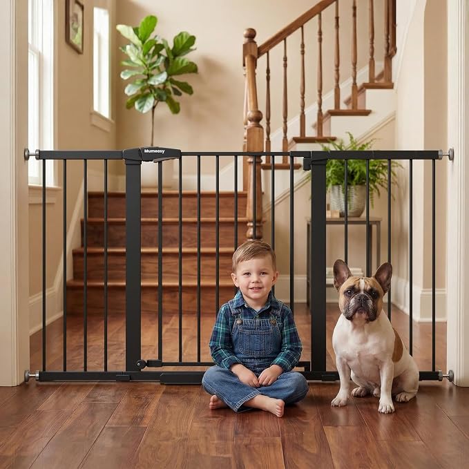 Mumeasy 29.7-57" Extra Wide Baby Gate, Auto Close Large Dog Gate for Doorways, No Drilling Pressure Mounted Pet Safety Gate for Stairs, Easy Walk Through Child Gate for Hallways, House, Indoor, Black