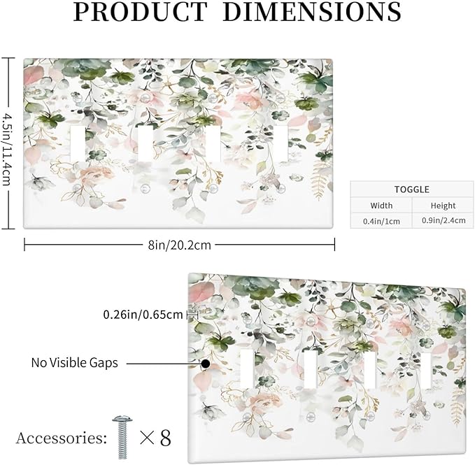Green Pink Floral Flower Rustic Eucalyptus Leaves Wildflower Light Switch Covers Quad Toggle Electrical Faceplate 4 Gang Wall Plate Decorative Switch Plates Cover for Bedroom Living Room Decor