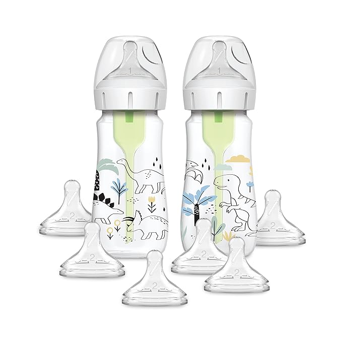 Dr. Brown's Anti-Colic Options + Wide-Neck Baby Bottle Designer Edition, Dino Decos, 9oz/270mL, Level 1 Nipple, 2-Pack, 0m+ with 6-Pack Level 2 Nipples