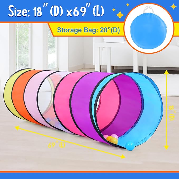 SweHouse Colorful Play Tent Tunnel for Babies, Toddlers, Kids - with Mesh Windows, Indoor Outdoor Pop Up Tunnel Toy Gift