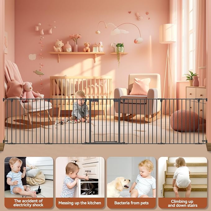 Kfvigoho Baby Gate 27.5"-129" Extra-Wide Playpen, Play Yard Child Safety Fence, Dog Gate with Auto-Close Door, Double Locking System for Fireplace, Foldable 5 Steel Panels, Black