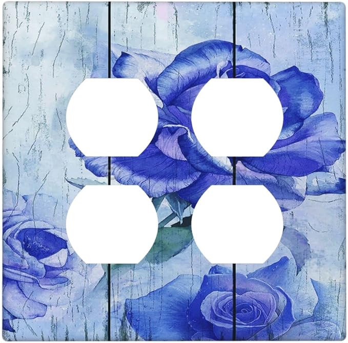 Blue Rose Flower Rustic Wood Plank Floral Outlet Covers 2 Gang Double Duplex Decorative Light Switch Covers Electrical Wallplates Socket Faceplate for Farmhouse Home Decor