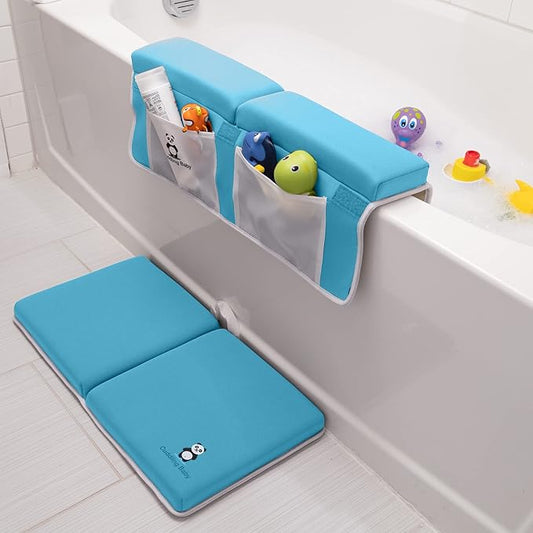 Bath Kneeler and Elbow Rest Pad Set - 2PC Premium Baby Bath Mat Set - Non-Slip Kneeling Pad with Storage Pockets - Machine Washable, Durable Foam Pad Bundle - Blue
