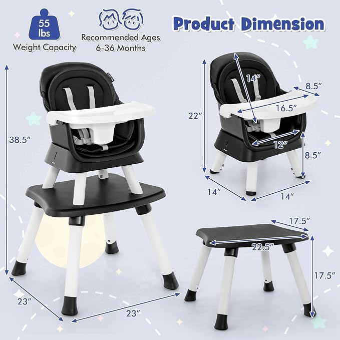 HONEY JOY 8 in 1 Baby High Chair, Convertible Highchair for Babies and Toddlers/Table and Chair Set/Building Block Table/Booster Seat/Stool/Toddler Chair with Safety Harness (Black)