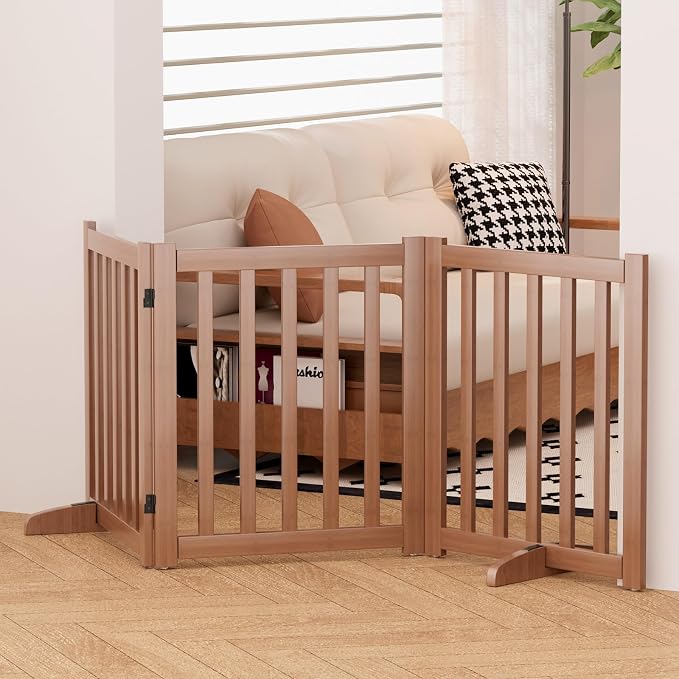 Wooden Freestanding Foldable Dog Gate, 24 Inch Height 3 Panel Pet Gate No Drill for Doorways Stairs, Fully Assembled Indoor Puppy Fence (Brown, 60" W x 24" H)